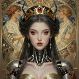 concept art by artgerm, attractive i robot demon queen with crown and red eyes, soft natural light, intricate, elegant, highly detailed, digital painting, artstation, concept art, smooth, sharp focus, illustration, art by by gaston bussiere and greg rutkowski and alphonse mucha and uang guangjian and gil elvgren, symmetry!!