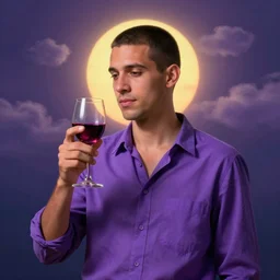 portrait of a ( ( ( a glass of wine ) ) ), ( ( bellaco guapo joven cubano pelo buzzed camisa morada ) ), nubes y magia, el sol, concept character, by greg rutowski and mucha and bierstadt and remington, trending on artstation