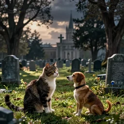 The movie still from Tim Burton movie featuring a cat and a dog and a cemetery