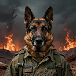 close up character portrait of the german shepard beast - man, wearing military outfit, standing in hell landscape, 4 k, tone mapping