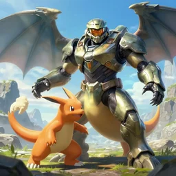 beautiful realistic fantasy painting of groudon the pokemon fighting halo master chief volumetric lighting, trending on art station, polarizer filter t
