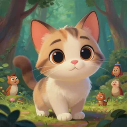a painting of a cute kitten in a forest. big eyes. disney character design by cory loftis, fenghua zhong, ryohei hase, ismail inceoglu and ruan jia. volumetric light, detailed, rendered in octane