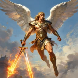 biblically accurate angel, epic propaganda poster, holding a flaming sword, strength, health, confidence, in the style of magic the gathering cart art, hypermasculine, ancient soldier, flying in the sky