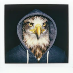 close-up shot of a eagle wearing hoodie in 80s, funny, Polaroid photo, by Warhol