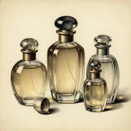 1 8 th century perfume bottles, ink dots painting on old paper by benday, epic, masterpiece, illustration, hdr, 8 k