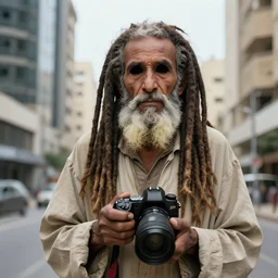 blind bearded egyptian old man in modern city, long dreadlocks, worn clothes, dlsr photo