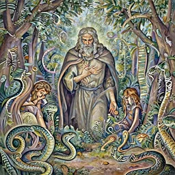 God angy in the Garden of Eden. Adam and Eve look very guilty and the snake is leaving the scene quietly - Matte painting , detailed painting, made by Greg Rutkowski, 4k resolution, atmospheric, breathtaking