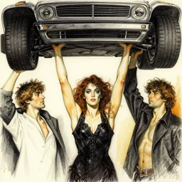 strongest female lift car overhead. pencil and ink by artgerm, cushart krenz, greg rutkowski and alphonse mucha. dramatic lighting
