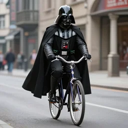 dslr photography of darth vader from star wars riding a bicycle