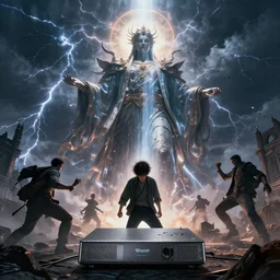 a very weak nerd person destroys a God, godrays, epic fights, dramatic poses and scenery, thunderstorm, rtx on, cinematic, movies you do not want to miss, a powerful being losing to a weakling, amazing effects, 4k UHD, Award winning photograph, extremely highly detailed majestic hi-res beautiful
