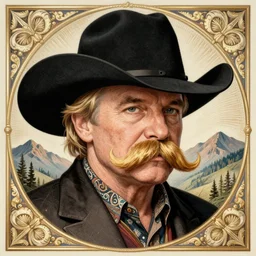 stephen fry, cowboy portrait, huge blond moustache, blond hair, black stetson hat, moutain in background, intricate, elegant, highly detailed, sharp focus, illustration, mandy jurgens, rutkowski, mucha