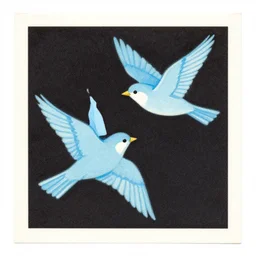 matchbox vintage illustration of two light blue birds flying over a dark background, misprint