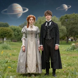 a girl and a boy standing in a park on a alien planet, wearing victorian clothes