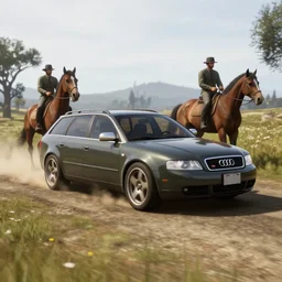 Audi A4 B6 Avant (2002) chasing a bandit on a horse in Red Dead Redemption 2