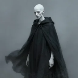 a humanoid creature of pure imagination with pale white skin and a gaunt face. the creature is bald. it is wearing a black flowing cloak that looks like mist. art by peter mohrbacher.