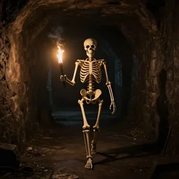 a skeleton wandering through an endless dungeon with a torch, photo realistic