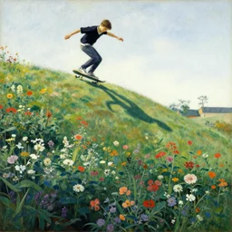 skateboarder flower garden on hills by henri rousseau masterpiece shadows and highlights mucha beksinski