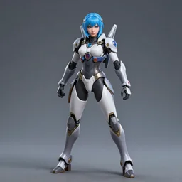 female warrior piloting a mech, symmetrical eyes, blue hair, symmetrical face, full body action pose, kyoto animation, last exile, gustav klimt, loish, murata range, kawaii, yoshitaka amano, manga, bright colors, beautiful