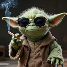 photorealistic yoda wearing sun glasses and smoking a cigaret