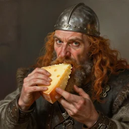 a portrait of Viking devouring cheese, highly detailed, digital painting, artstation, concept art, sharp focus, illustration, art by artgerm and greg rutkowski and alphonse mucha