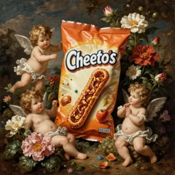 cheeto's, extremely detailed, cheeto's surrounded by flowers and cherubs, a baroque painting, rococo style