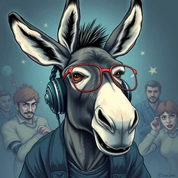 nerd donkey listen to some sick beats, extremely detailed, sharp focus, wide view, full body shot, smooth, digital illustration, by james jean, by rossdraws, frank franzzeta, mcbess, sakimichan, brosmin, danton fadeev, steve simpson
