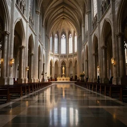 a cathedral for the god of symmetry, inside view, giant hall, floor is a mirror, highly detailed, photorealistic Octane render, dramatic