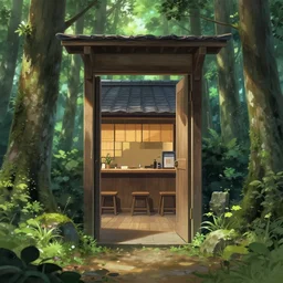 a detailed digital painting in the style of anime of a forest with an open door, behind the door is a Japanese restaurant
