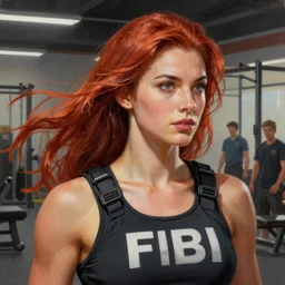 detailed masterpiece head and shoulders painting of gorgeous athletic female wearing fbi gear auburn hair flowing, gym in background, inspired by greg rutkowski, sir james guthrie, 4 k, digital painting, trending on artstation, smooth, one single continuous line, unreal engine, epic lighting