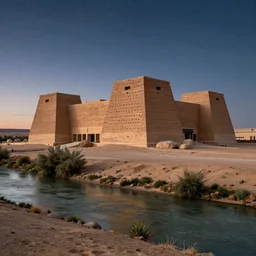 photo of a museum in a dessert next to river, the museum is made out of rammed earth with huge rock, the museum is huge and has perforations holes, the sky has stars and air with dusk, the view is street view, 8 0 k, octane,