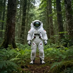 american astronaut in the forest, plants environment, wide angle, cinematic lighting, atmospheric, realistic, octane render, highly detailed, cgsociety, in the style of craig mullins