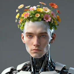 close up portrait of a male cyborg with flowers growing out of its head, artstation