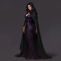 Fantasy portrait, Necromancer, female, gorgeous, beautiful face, dark garments, dark pruple robes, gold bracelet, Black cloak from neck to ankles, pin-up, shapely toned derriere, matte painting, by WLOP, Frank Franzzeta and Sakimichan, artstation