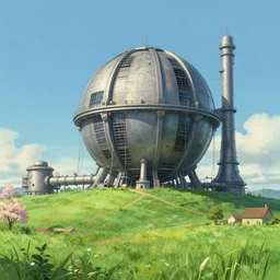 an impressive science fiction big factory with a spherical architecture designed by star wars and boeing military with fat cables and pipes at its base, on a beautiful green hill in a the french countryside during spring season, painting by studio ghibli backgrounds and louis remy mignot hd, nice spring afternoon lighting, smooth tiny details, soft and clear shadows, low contrast, perfect