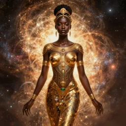 black african princess, warm volumetric lighting, cosmic, symmetric, highly detailed, concept art, heavenly, intricate, sharp focus on the body, illustration, alexandros pyromallis, bouguereau, rutkowski, artgerm, alphonse mucha
