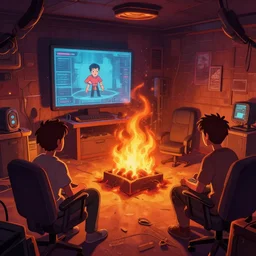 a discord server room on fire,by nick silva and RHADS, , stylized, detailed