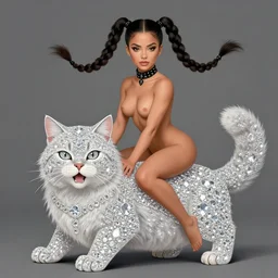 muscled Mila Kunis with braided pigtails hair mounted on and riding her large fuzzy cat, shiny sparkling diamonds, mouth slightly open, wearing intricate black choker, elegant, highly detailed, centered, digital painting, artstation, concept art, smooth, sharp focus, illustration, artgerm, donato giancola, Joseph Christian Leyendecker, WLOP, Boris Vallejo, Artgerm