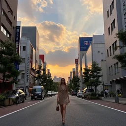a 3 5 mm photo by petra collins of a beautiful day in a city that looks like toyko, paris, kyoto and jiufen, cinematic lighting, cinematic look, golden hour, the clouds are epic and colorful with cinematic rays of light, a girl walks down the center of the street in a gucci dress, uhd
