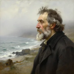 high detail high quality painting portrait of wise man looking at the coast with fog by bouguereau and james jean