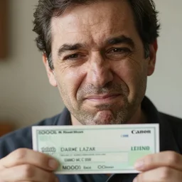 closeup portrait of a man unhappy with a million dollar check, by Steve McCurry and David Lazar, natural light, detailed face, CANON Eos C300, ƒ1.8, 35mm, 8K, medium-format print