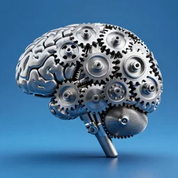 photorealistic illustration of a brain made out of cogwheels, 3 d art, cgi, high quality, high resolution, studio lighting, ambient occlusion, blue background, silver cogwheels, high detail, advertising visualization!!!!!, octane, high quality render