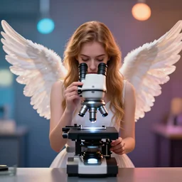 centered  waist up portrait photography an angel +  bokeh + DOF + 8k, photorealistic, electronic microscope, vibrant colors
