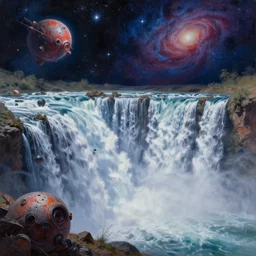 !! waterfall !! in asteroid field, obvious space with stars and cosmos in sky , ultra detailed, high quality, very sharp, artstation award winner, ultra realistic, oil painting, digital painting, octane render, vibrant, ultra detailed water
