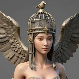 female figure with birdcage headdress and wings, 3 d rendering, realistic, high polygon count, hyper - realistic, natural beauty, photorealism, high quality artwork, fine details