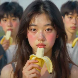 oil painting by ilya kuvshinov,, baugh casey, rhads, coby whitmore, of a youthful japanese idol, long hair, holding banana, outdoors, highly detailed, breathtaking face, studio photography, dawn, intense subsurface scattering, blush, supple look, innocence, intense sunlight