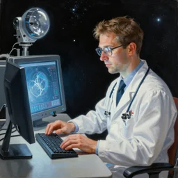 a space doctor on a space computer, Matte painting , detailed painting, greg rutkowski