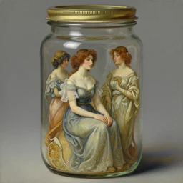 a tiny realistic proportioned woman sitting down inside a jar. beautiful detailed painting by artgerm and magali villanueve and michael whelan and alphonse mucha