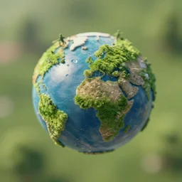 Miniature planet with nature, 4K render, tilt shift, depth of field
