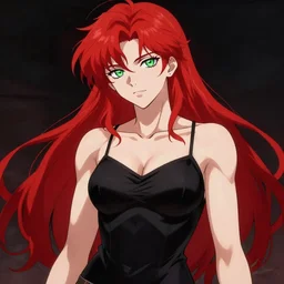 gorgeous reis gremory with red hair and green eyes, wearing a camisole, perfect body red and black color palette, in the style of and ilya kuvshinov and greg rutkowski, high quality anime artstyle, intricate