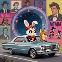 matte sharp painting, 1 9 6 6 amc marlin lowrider, driven by a cute fluffy female bunny in a dia de los muertos costume, her friend the cunning coyote, quantum wormhole, juxtapoz, artforum, gary baseman, preston blair, tex avery, dan mumford, pedro correa